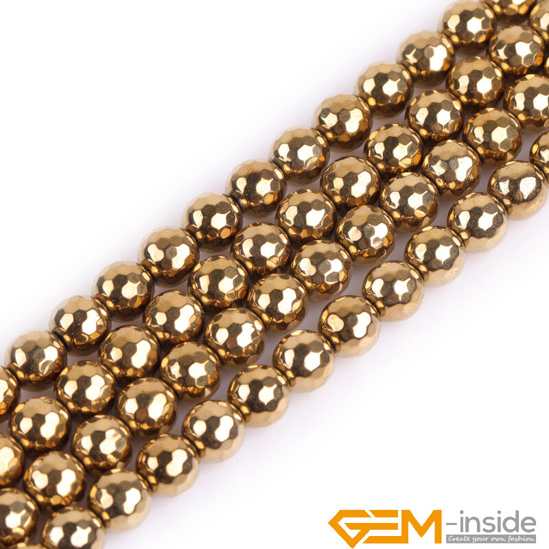 Gold Hematite Metallic Coated Reflections Faceted Round Beads Jewelry Making 15″