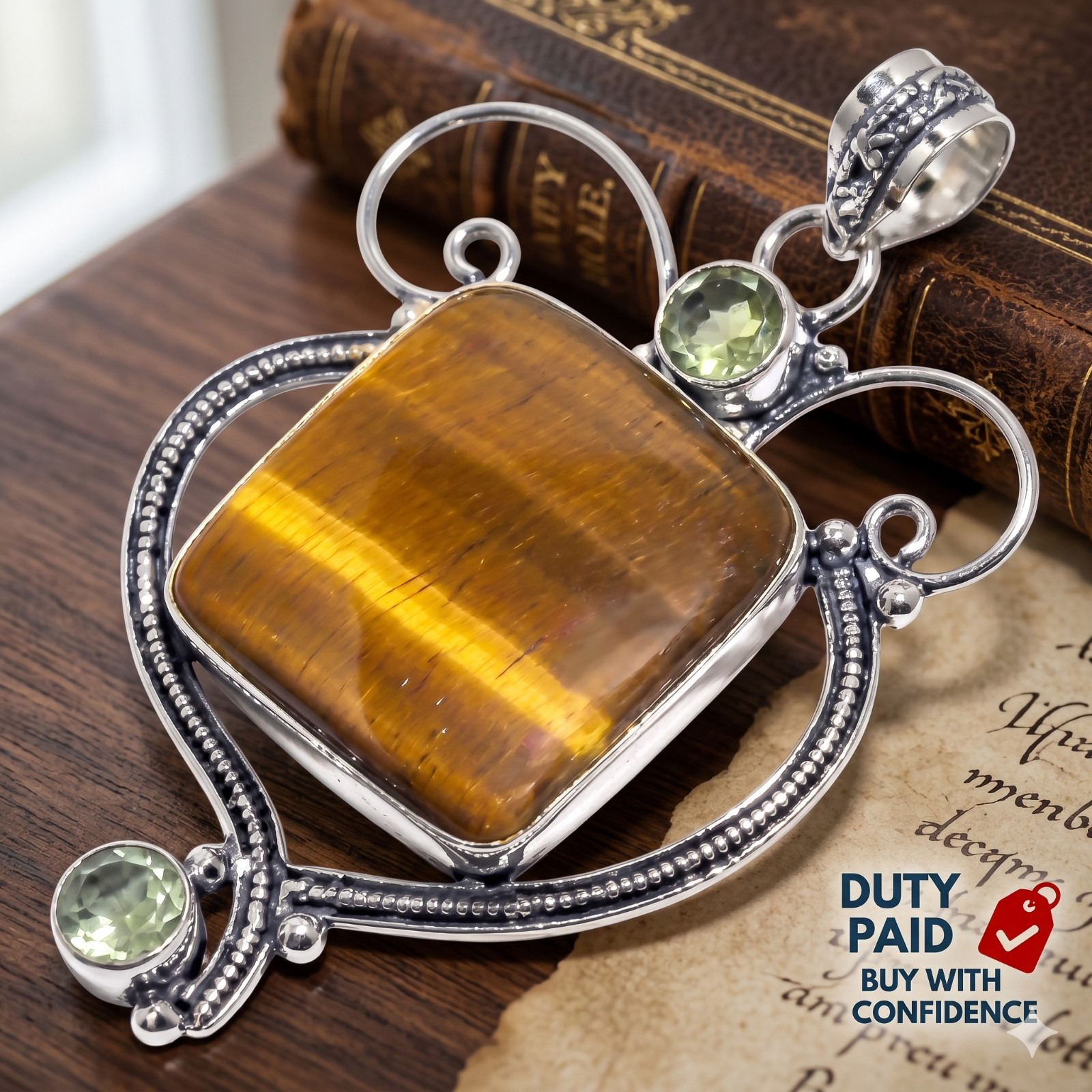 Natural Tiger’S Eye Green Amethyst Handmade Pendant Jewelry 925 Sterling Silver