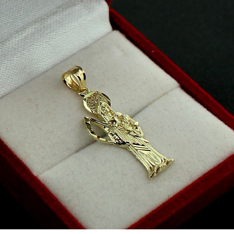Real 10K Solid Yellow Gold Santa Muerte Pendant Diamond Cut, 10KT Gold Charm
