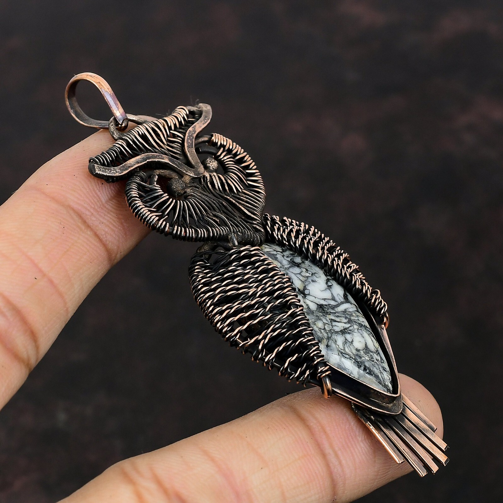 Pinolith Jasper Copper Gift For Bridesmaid Wire Wrapped Owl Pendant 3.35″