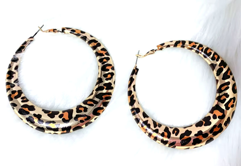 Big LEOPARD Animal Print HIP HOP Gold HOOP Leverback Betsey Johnson Earrings