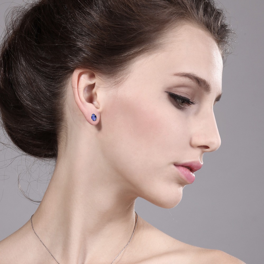 Oval 7x5mm Blue Iolite 1.30 Ct 18K Yellow Gold Plated Silver Stud Earrings