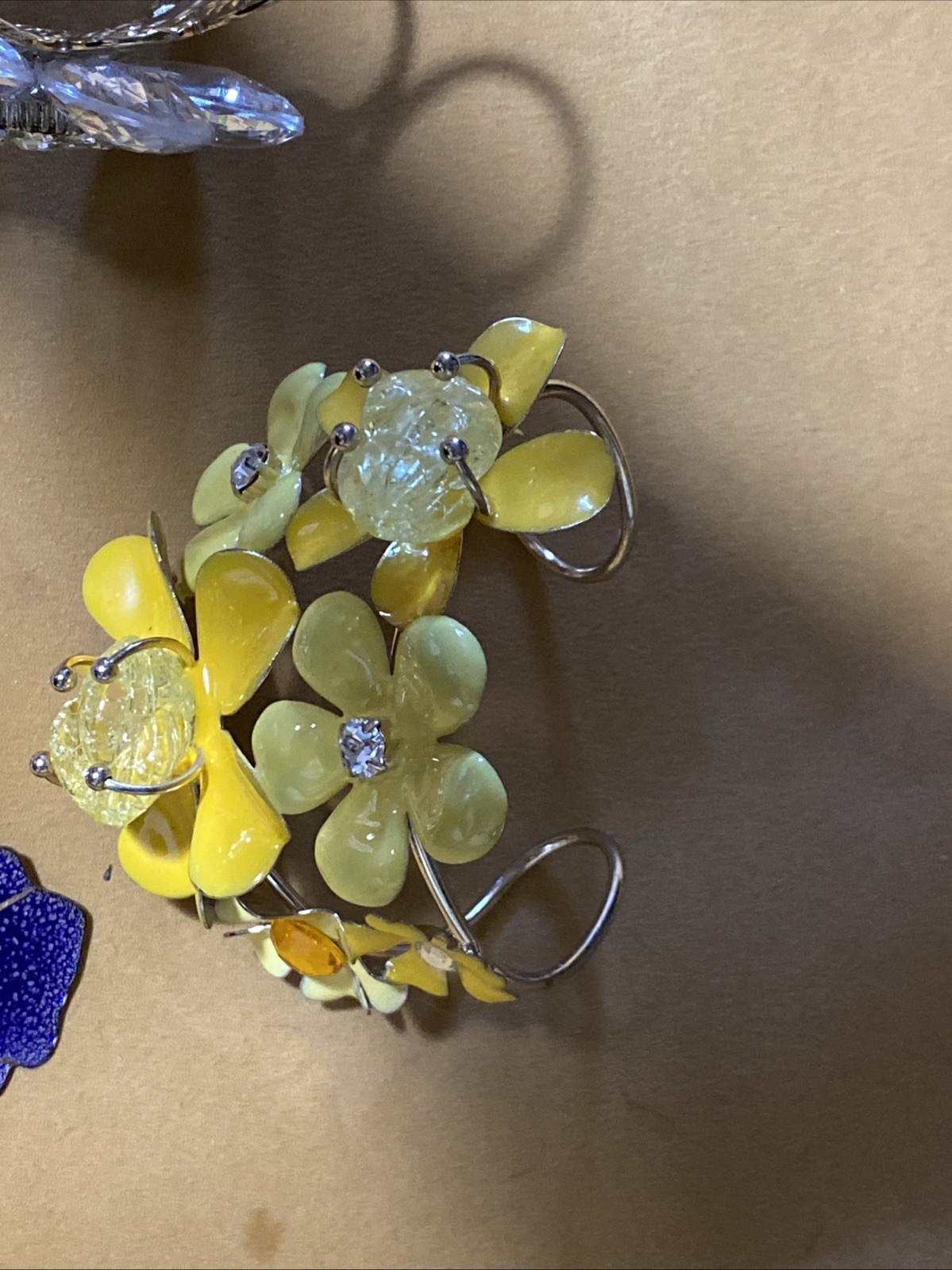 VTG Chunky Flower Cuff Bracelets (2) Metal Enamel Ceramic Flower Brooches Lot