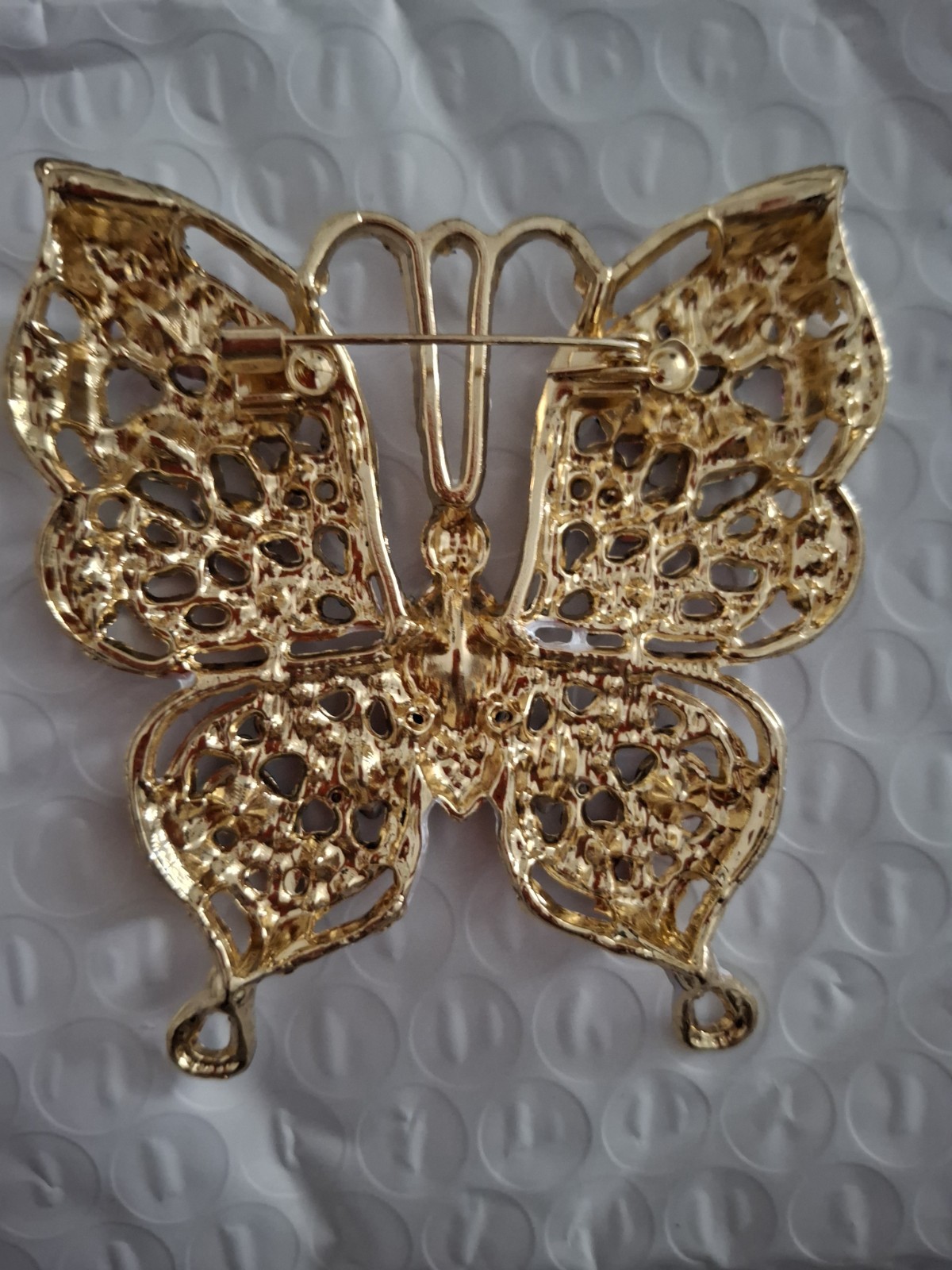 Gold Tone Butterfly Brooch Pin Multicolor Rhinestone Cluster Pink Oval Crystal