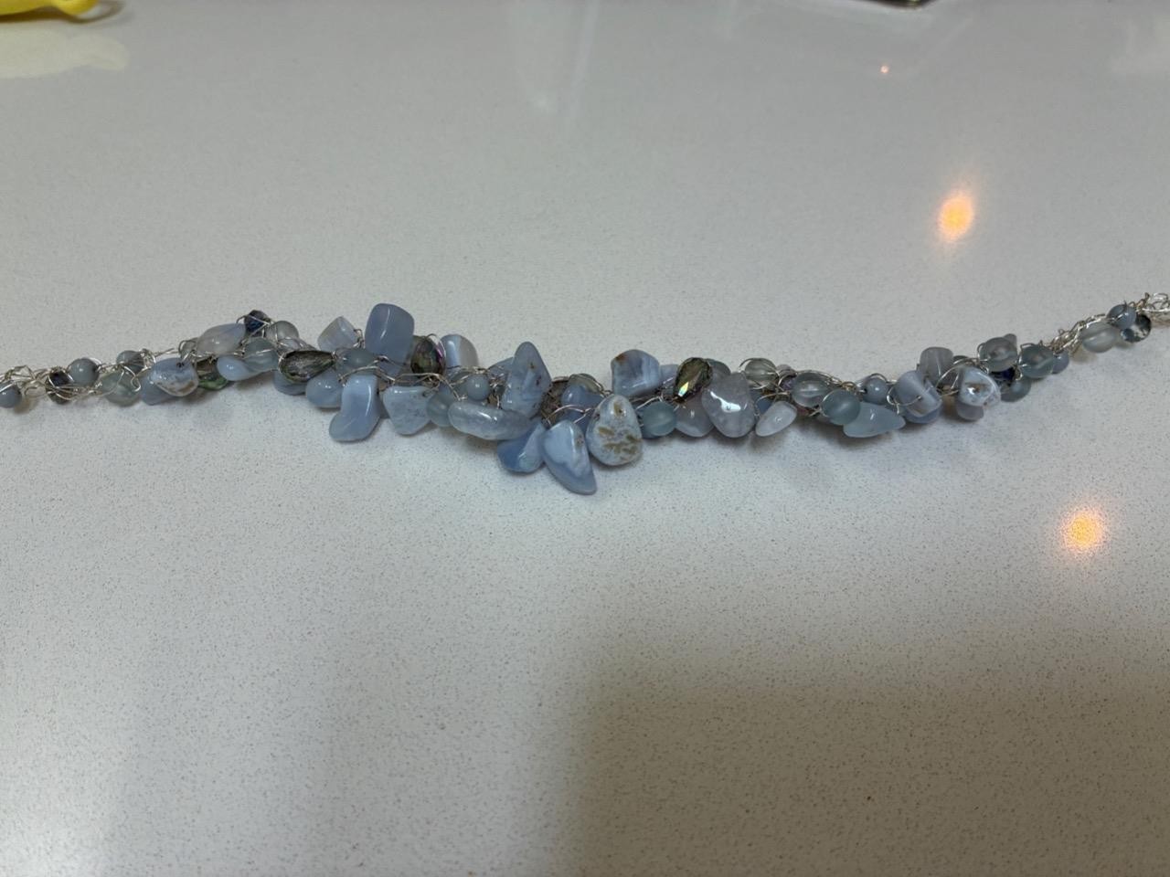BLUE ICE LACE AGATE GLASS SILVER BEADED WIRE CROCHET NECKLACE HANDMADE