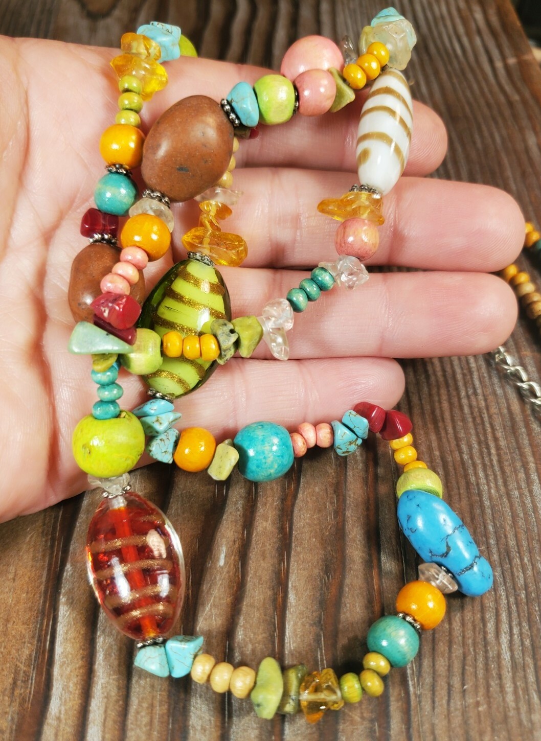 Beaded Necklace Glass Wood Stone Multi-color 32-35″ Strand string By EsMor