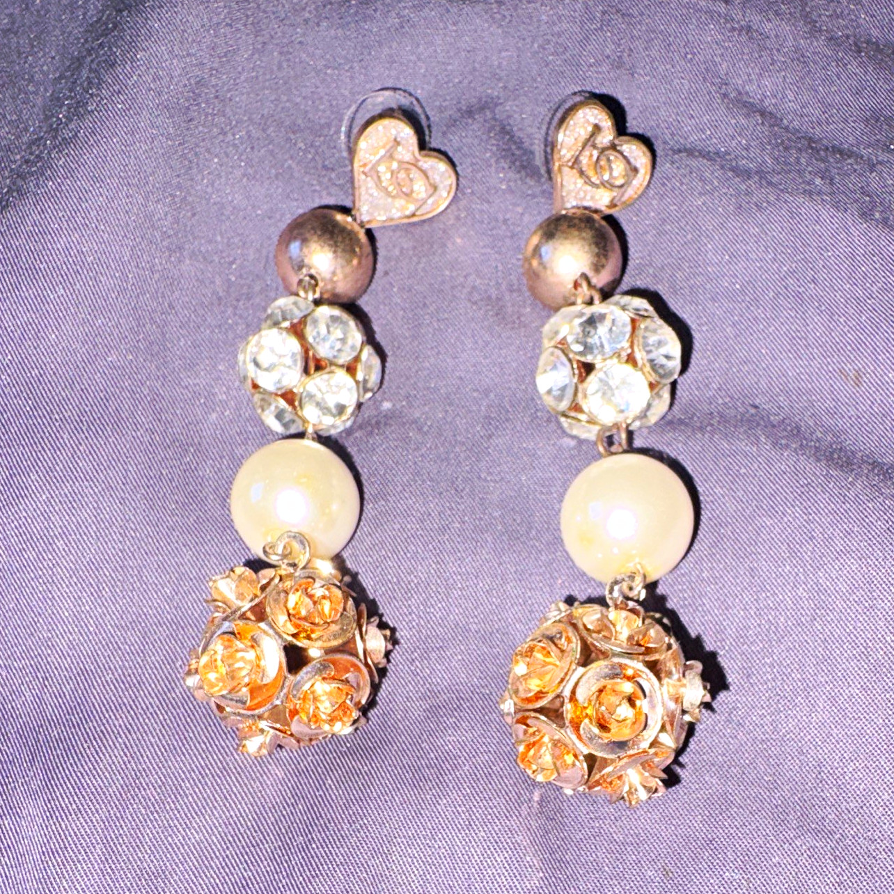 Gold Tone Heart Dangle/Drop Earrings Clear Crystal Rhinestone Imitation Pearl
