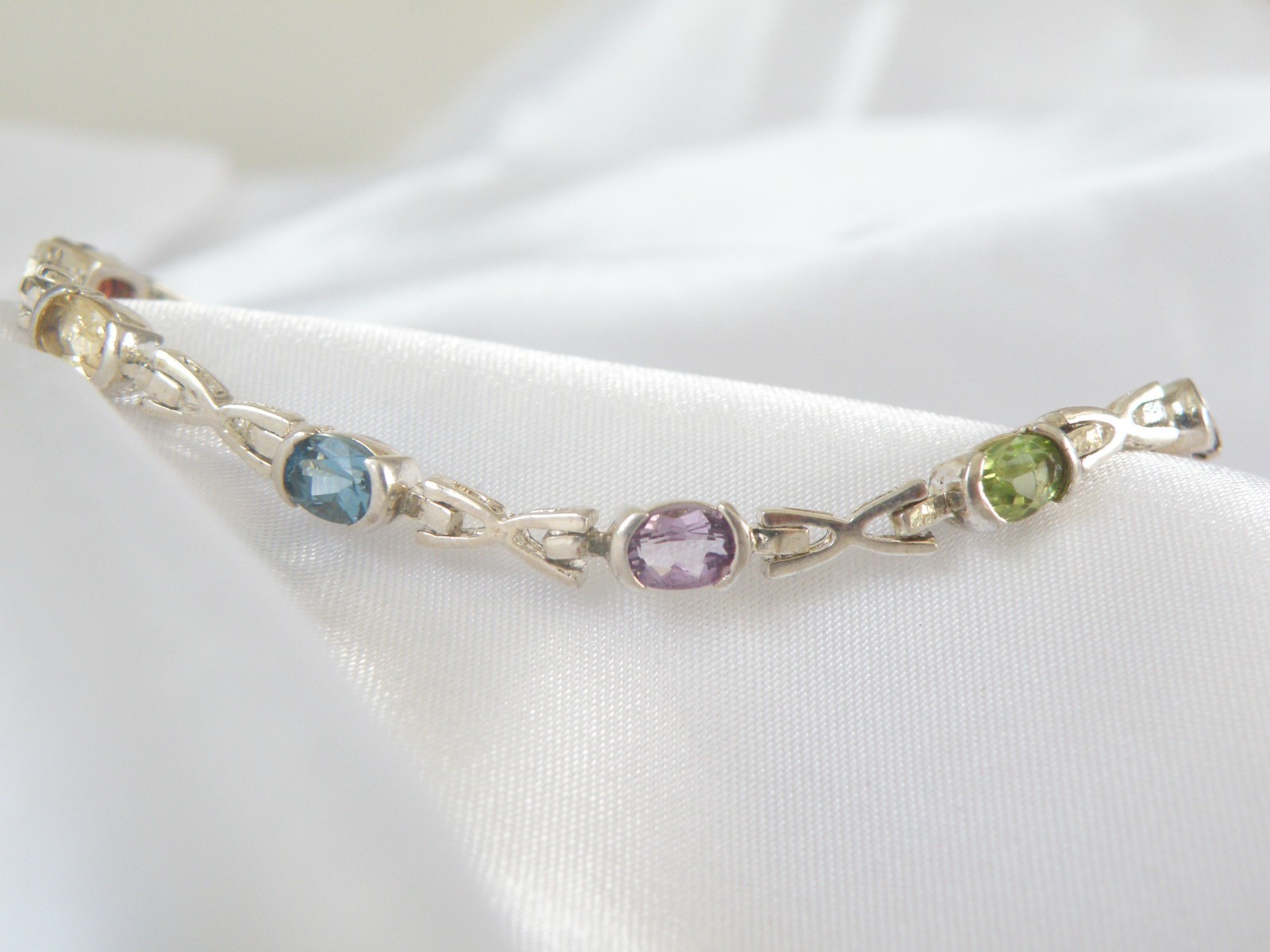 Vintage Sterling Silver 925 Gemstone Tennis Station Link Bracelet 7″