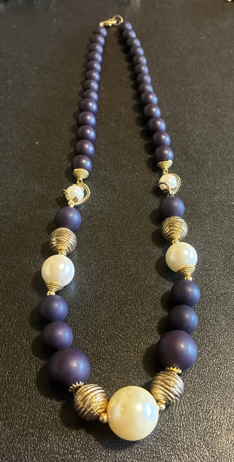 Gold Tone Faux Pearls Purple Beads Vintage Necklace Brooch and Earrings