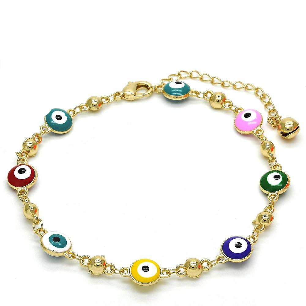 14K Gold Filled Multicolor Evil Eye Anklet Good Luck Protection Envy 9.5-10.5”