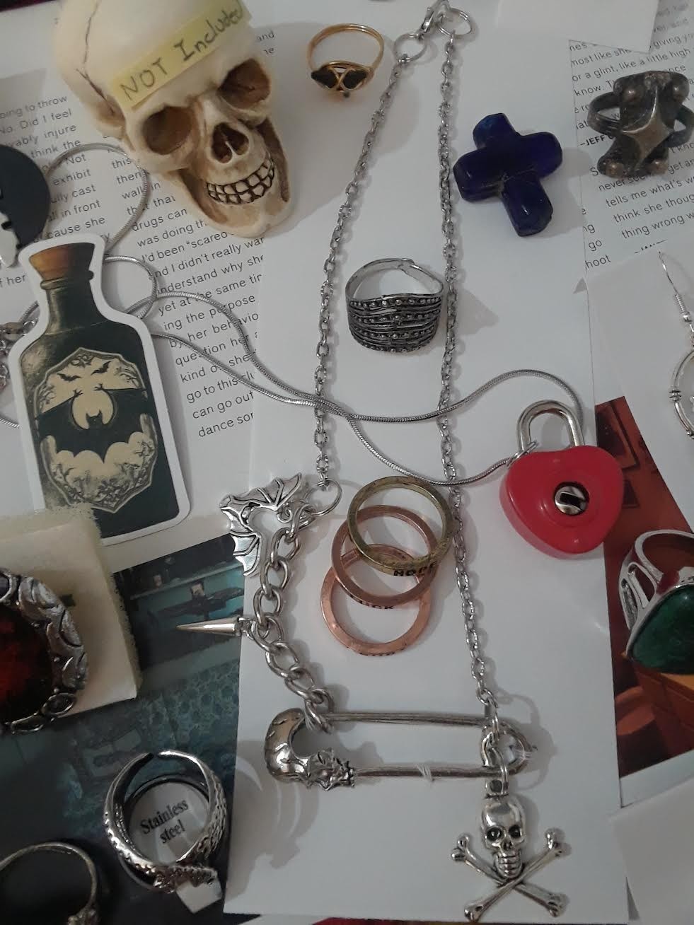 Punk, Goth, Emo, Mixed Jewelry Lot – Skull Safety pin & Red Pad lock necklace
