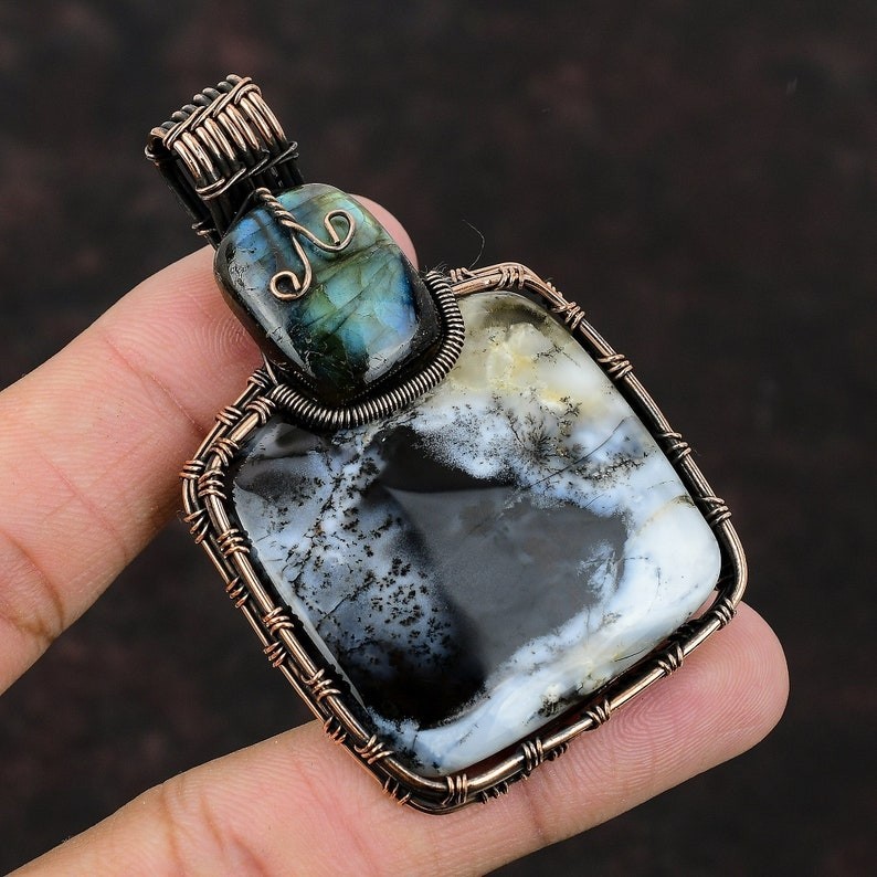 Handmade Dendrite Opal Wire Wrapped Copper Pendant Gift for Her