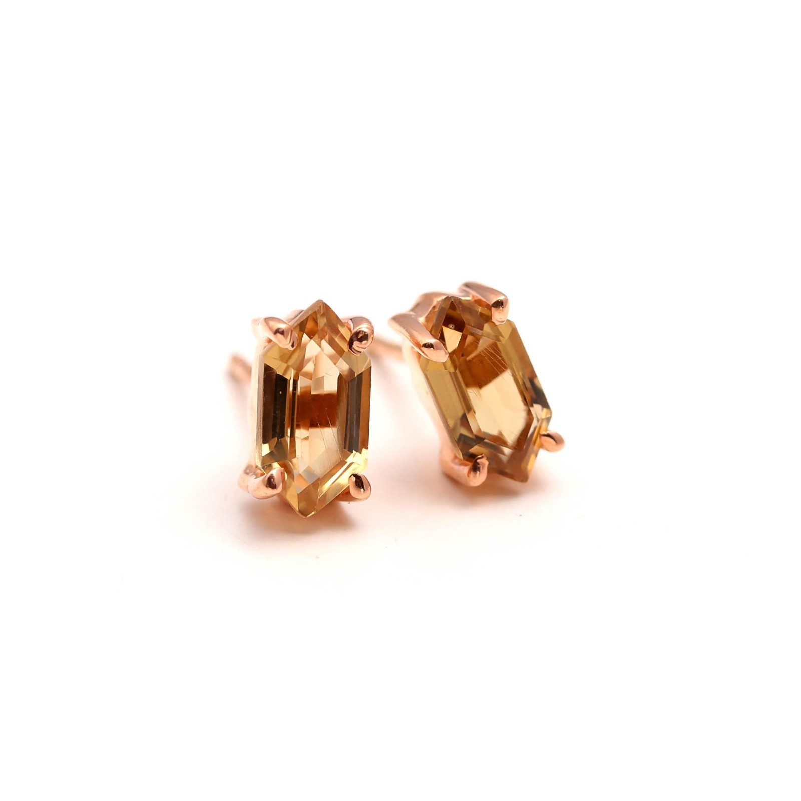 Natural Citrine Hexagon Stud Earrings Rose Gold Fill 925 Sterling Silver Jewelry