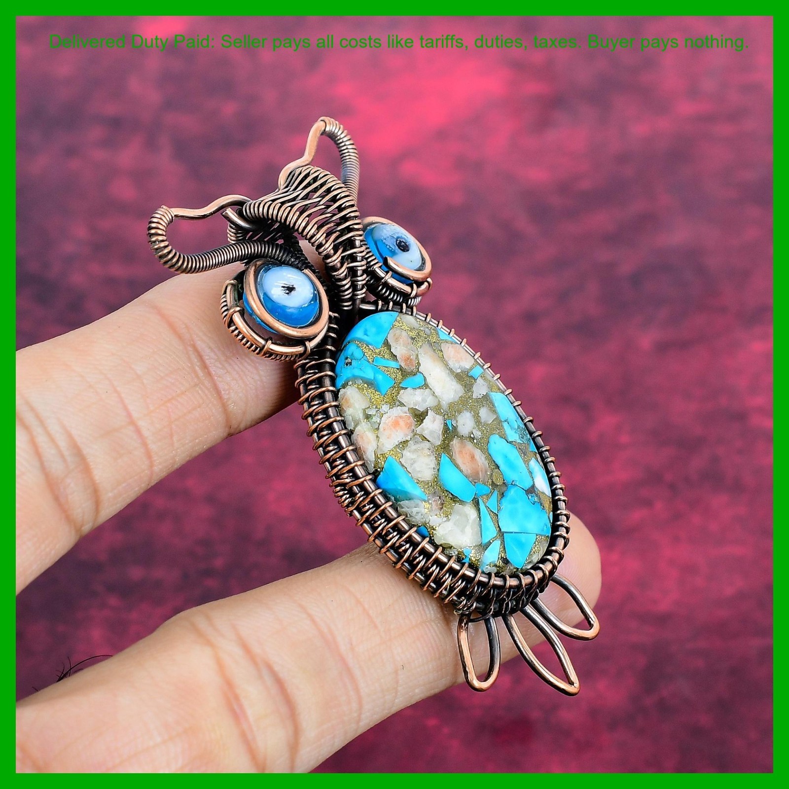 Copper Natural Pink Opal Copper Turquoise Blue Color Evil Eye Art Deco Pendant
