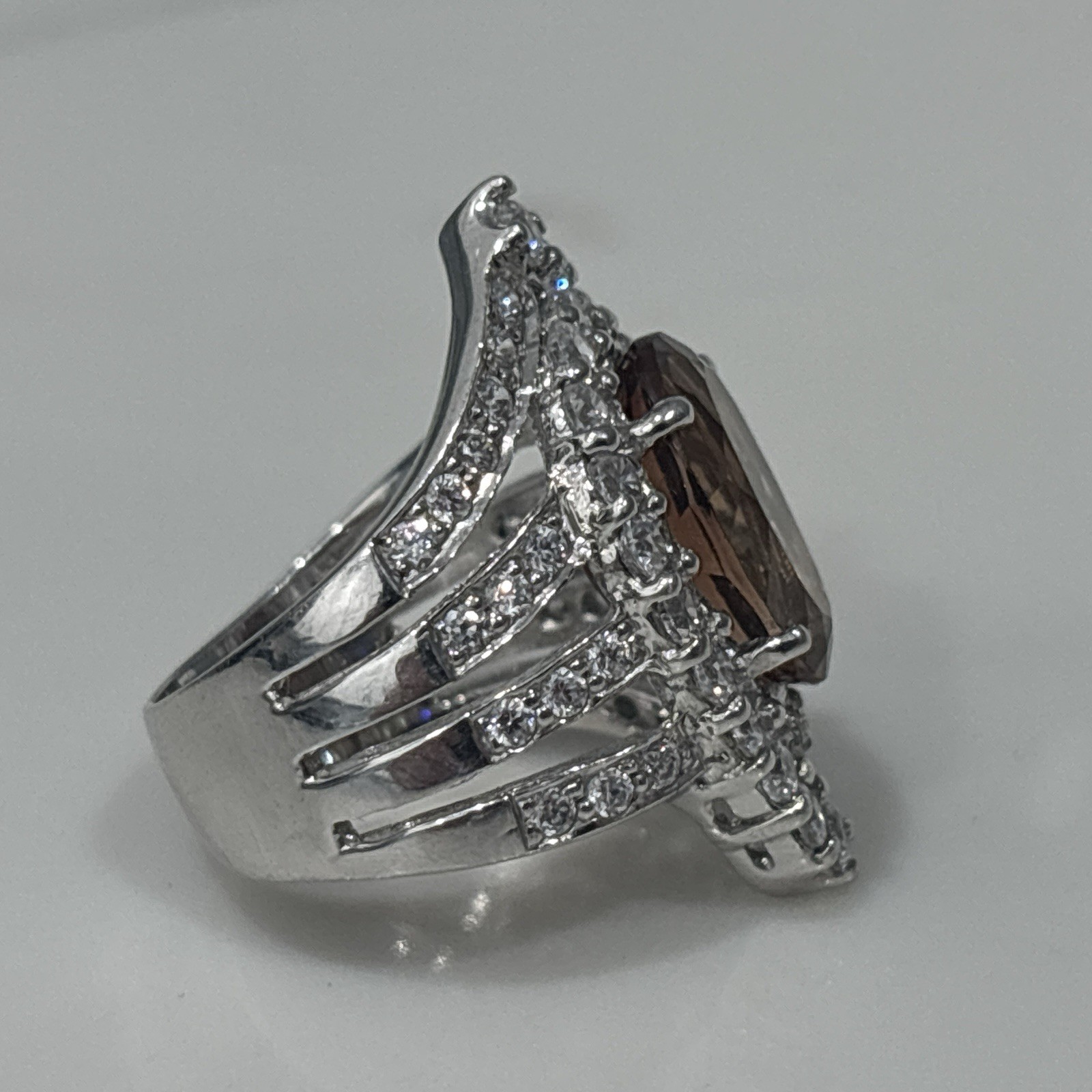 Sterling Silver Ring Statement Cocktail Brown Orange Stone CZ Split Shank 6.5
