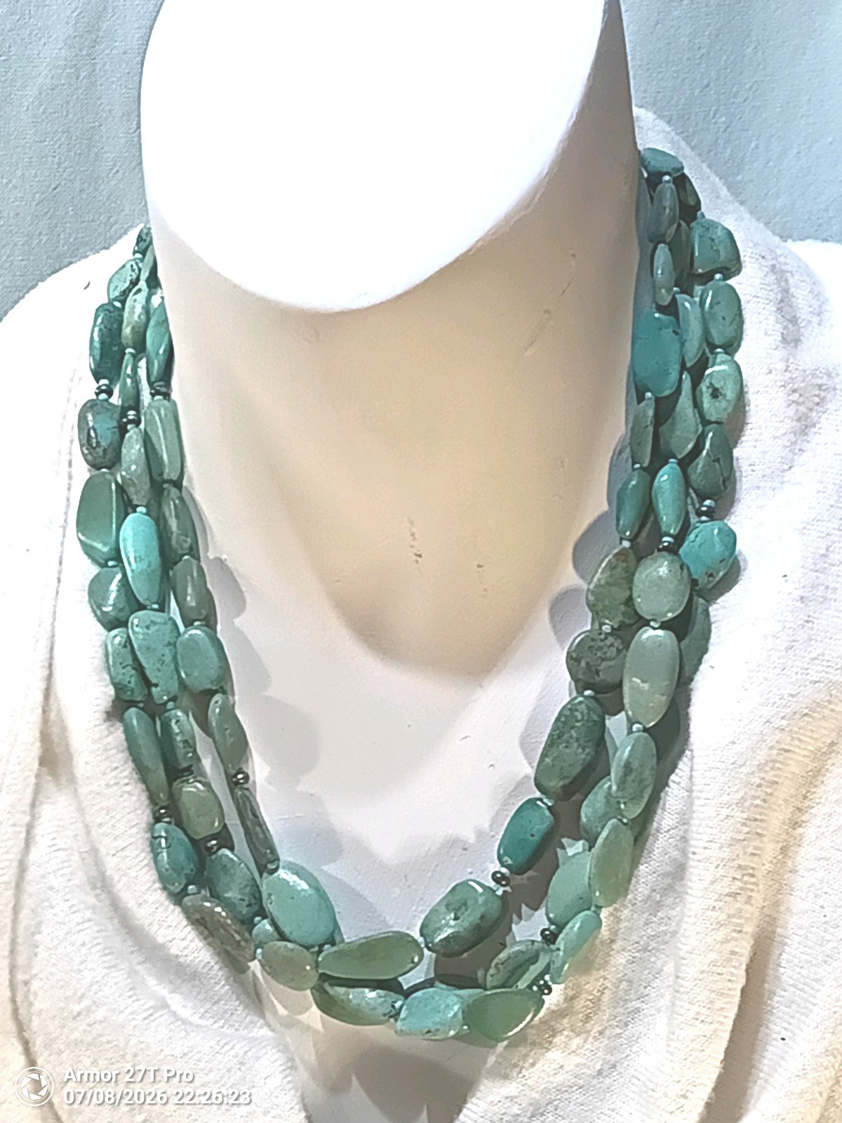 Chunky 3-Strand Genuine Turquoise Nugget Necklace Sterling Silver 925 Clasp 50g