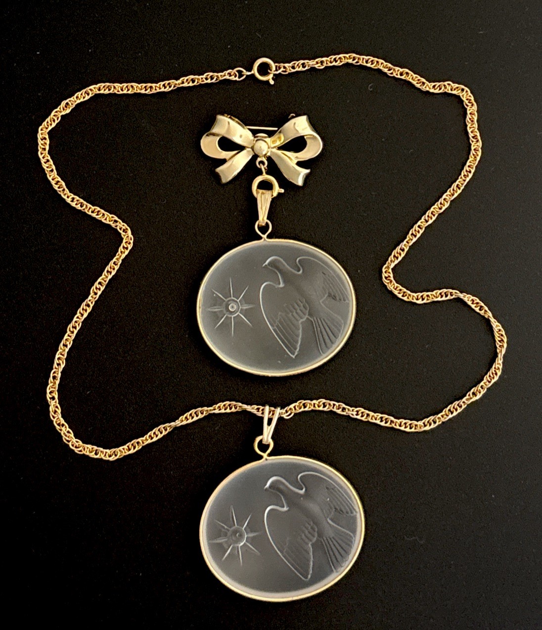 VINTAGE LALIQUE FRANCE NINA RICCI BIRD BROOCH & PENDANT NECKLACE FROSTED GLASS