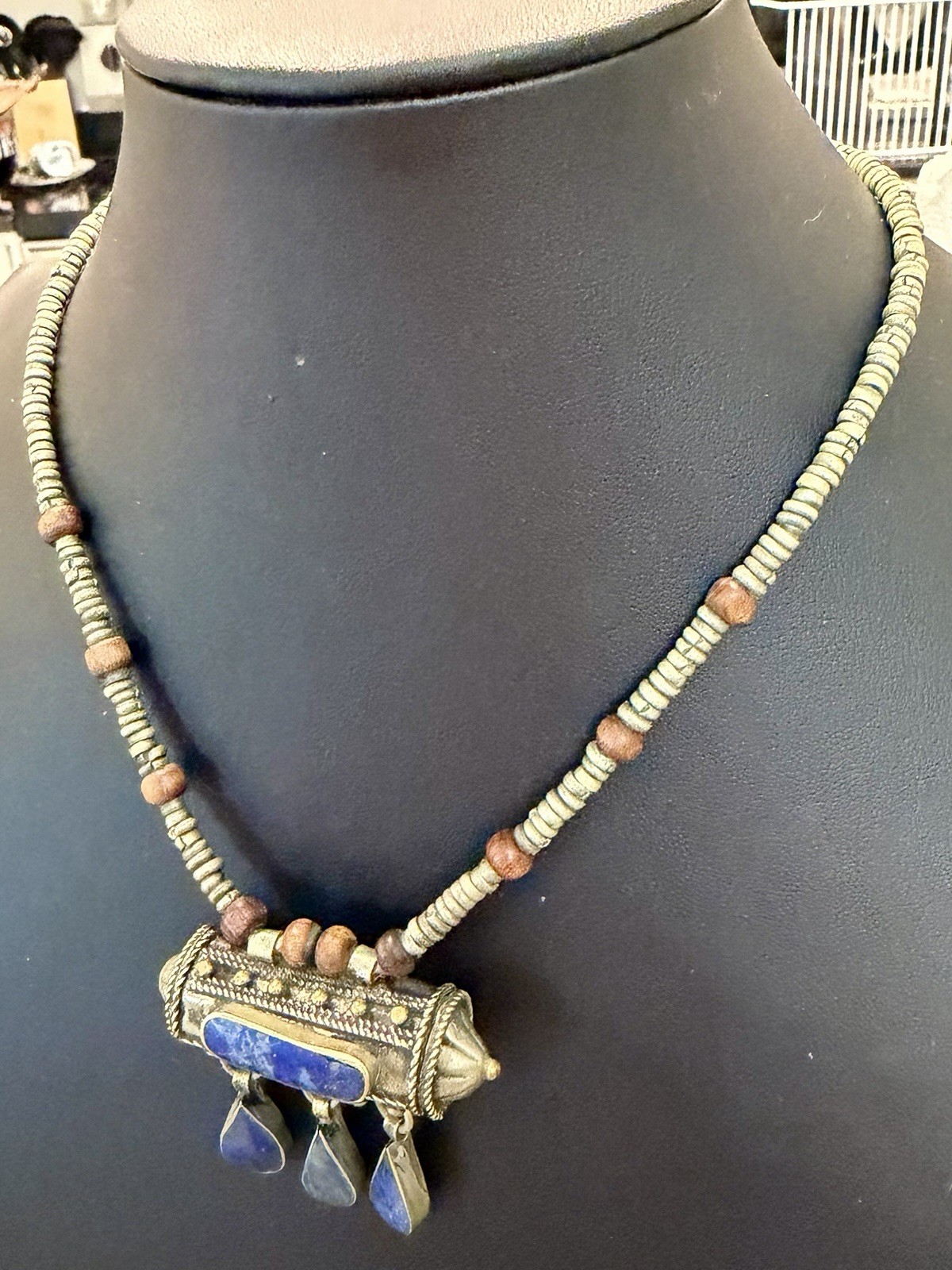 50g 925 Sterling Silver Tribal Blue Lapis Amulet Necklace | Vintage Thai Artisan
