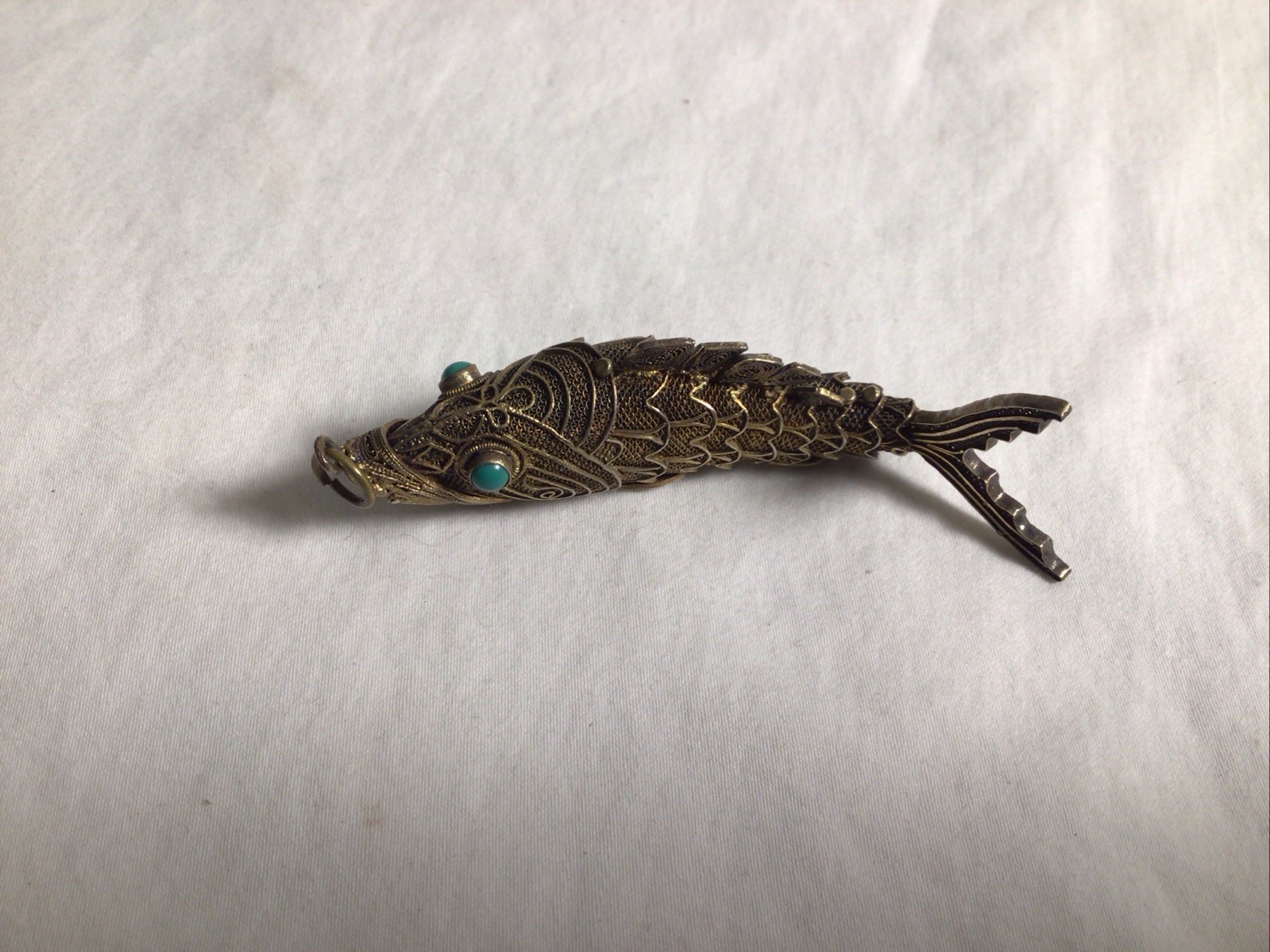 Silver Articulated Figural Fish Pill Box Turquoise Pendant Gilt Vintage