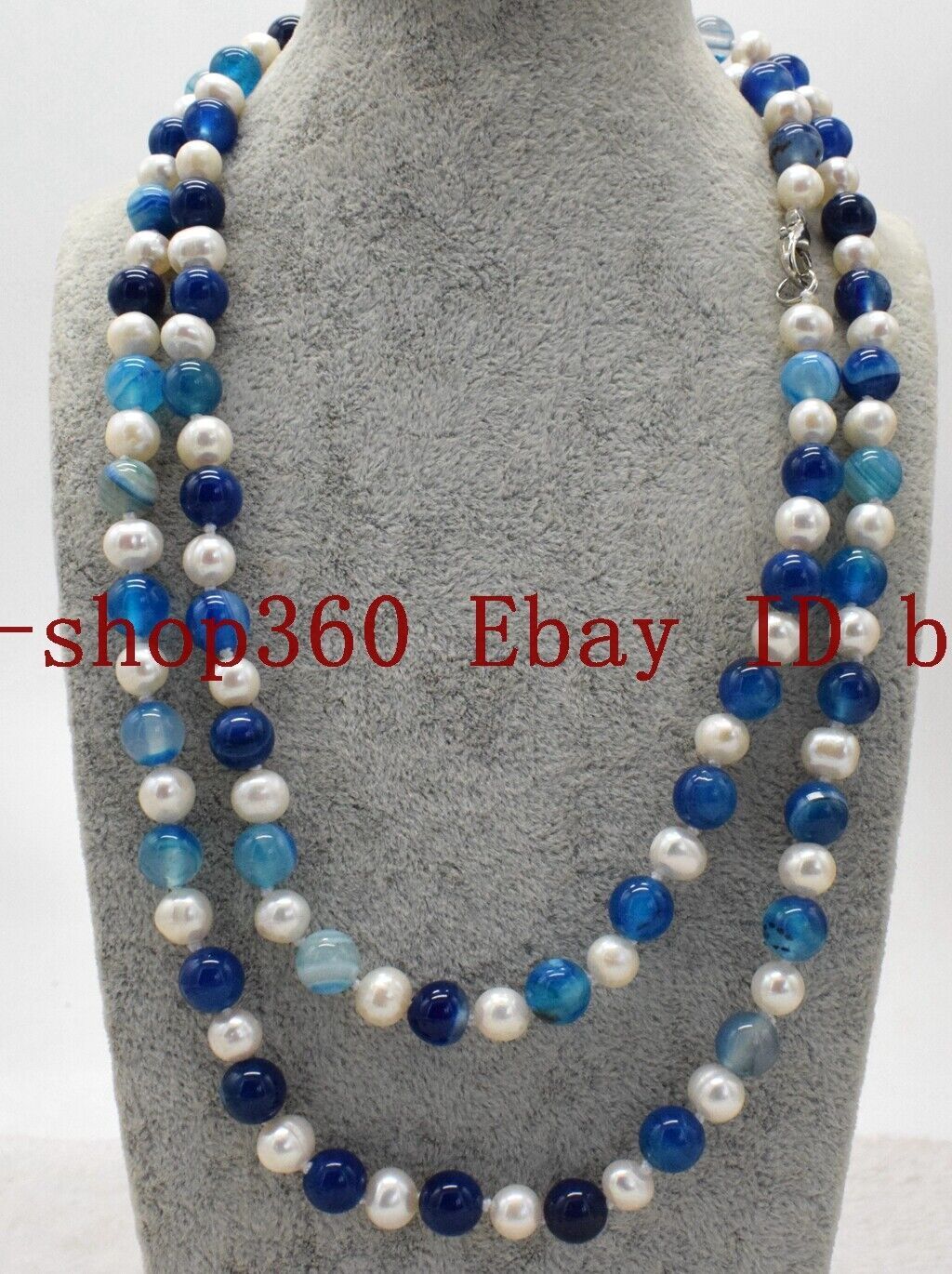Long 36 Inch 7-8mm Genuine White Pearl & 8mm Blue Striped Agate Necklace