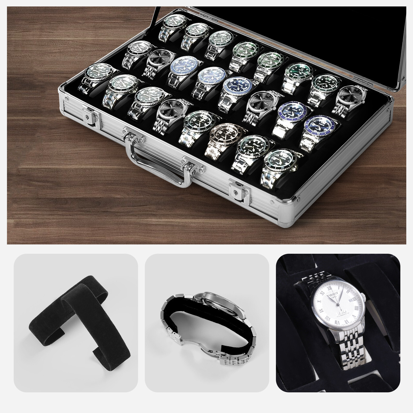 24+8 Slots Aluminum Watch Case Lockable Storage Box Jewelry Display Suitcase