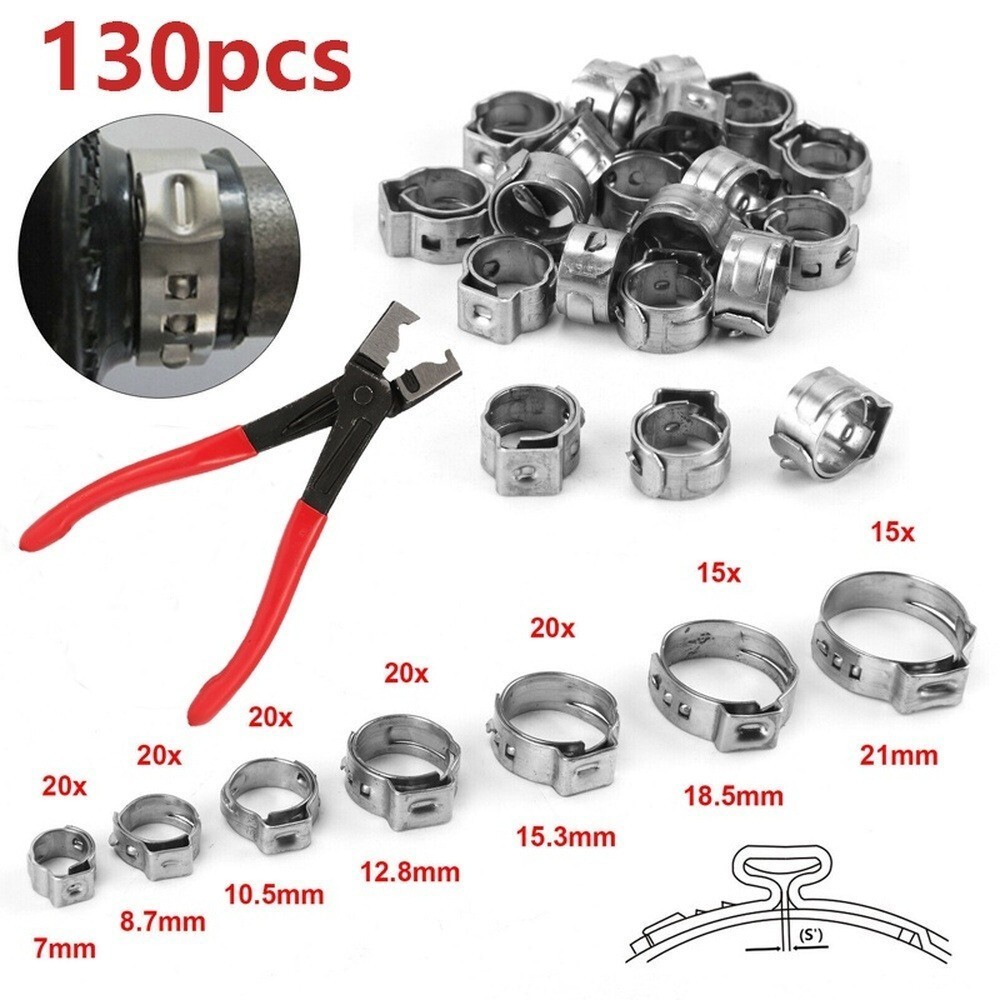 130Pcs Ear Cinch Hose Clamps Assorted Stainless Steel Rings Crimp Pinch Plier US