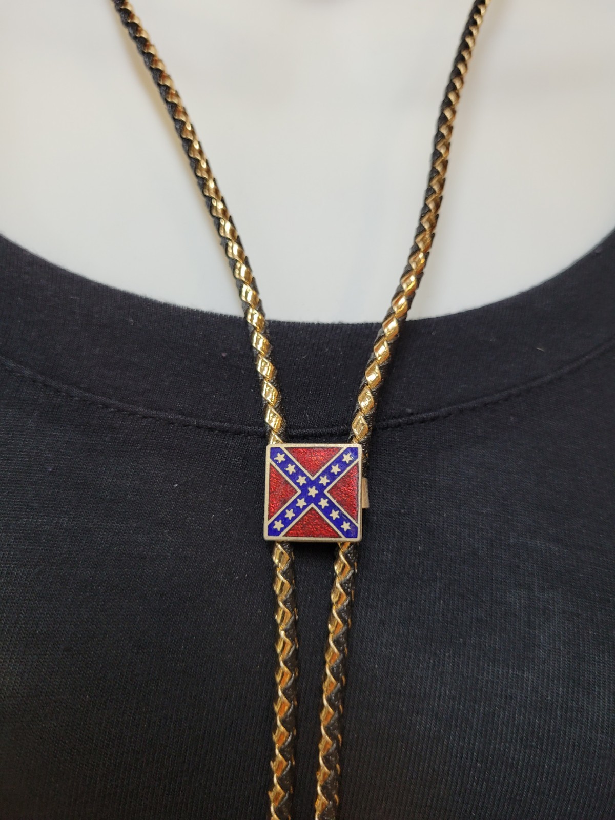 Co Federate Flag Bolo Tie With Leather Rope And Brass Tie End Cap