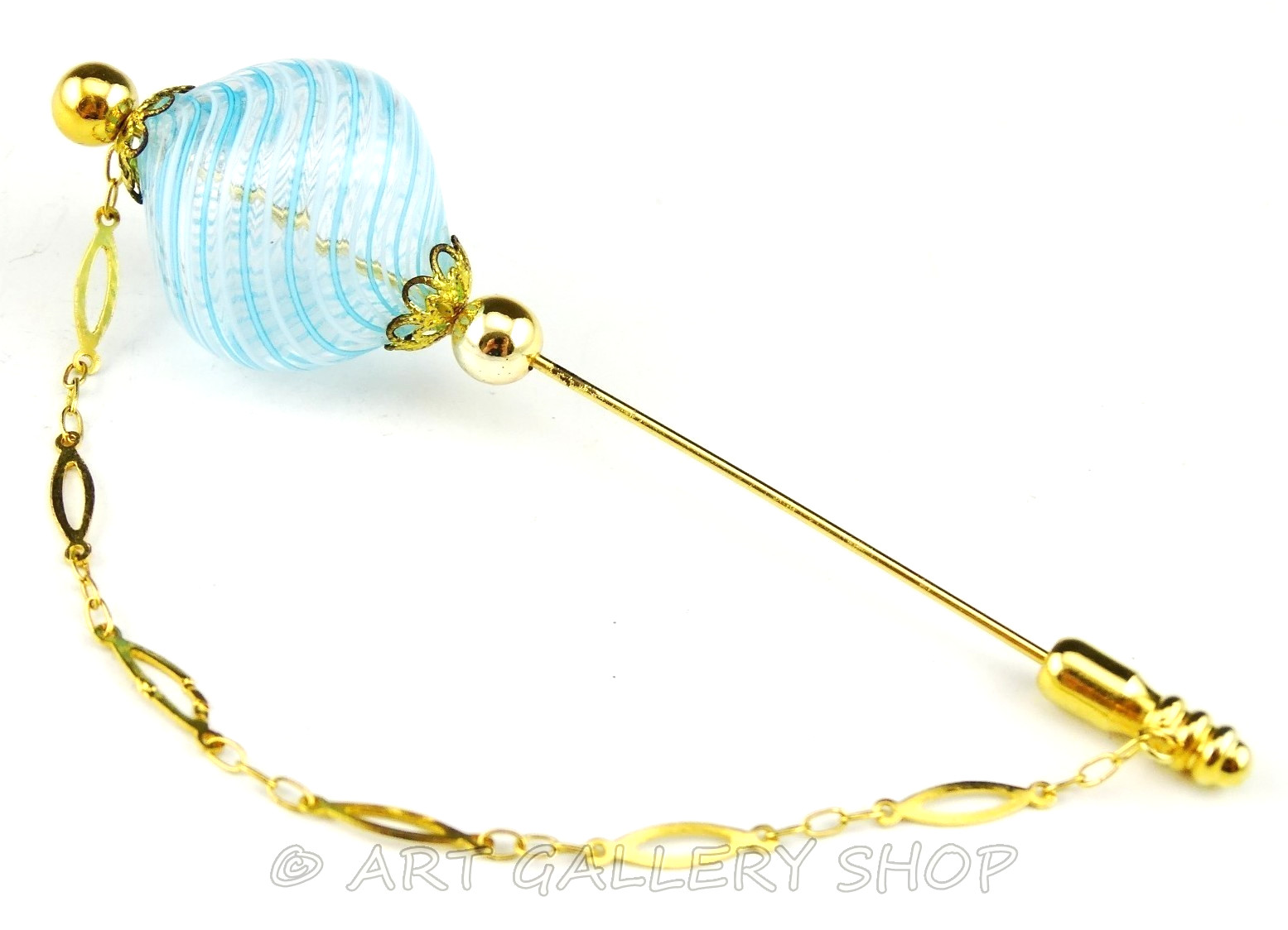 Vintage Murano Italy Hand Blown BLUE SWIRL Art Glass & GOLD TONE PIN BROOCH