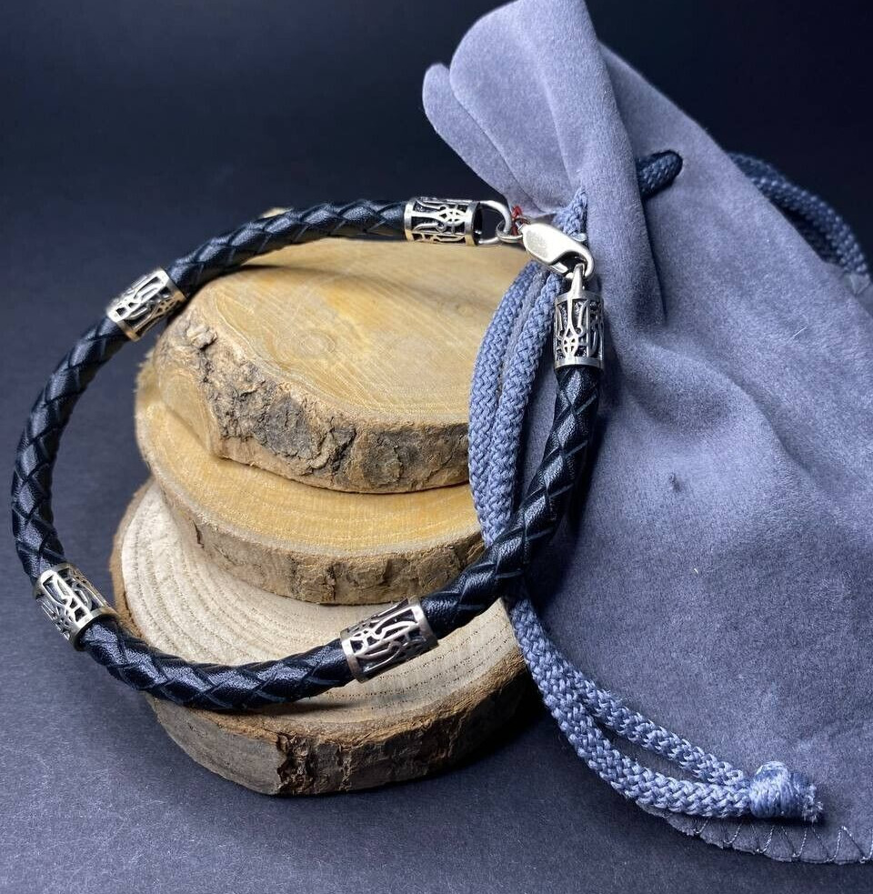 Black Leather Men Bracelet Ukrainian Symbols Trident Silver 925