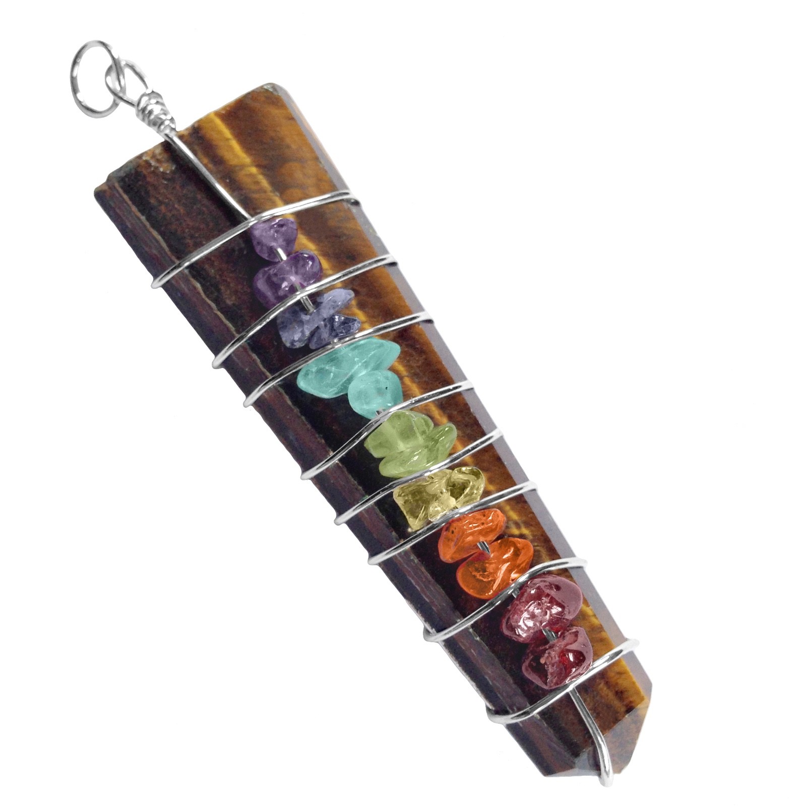 Tigers Eye 7 Chakra Wire Wrap Pendant Necklace HANDMADE Point Reiki CHARGED