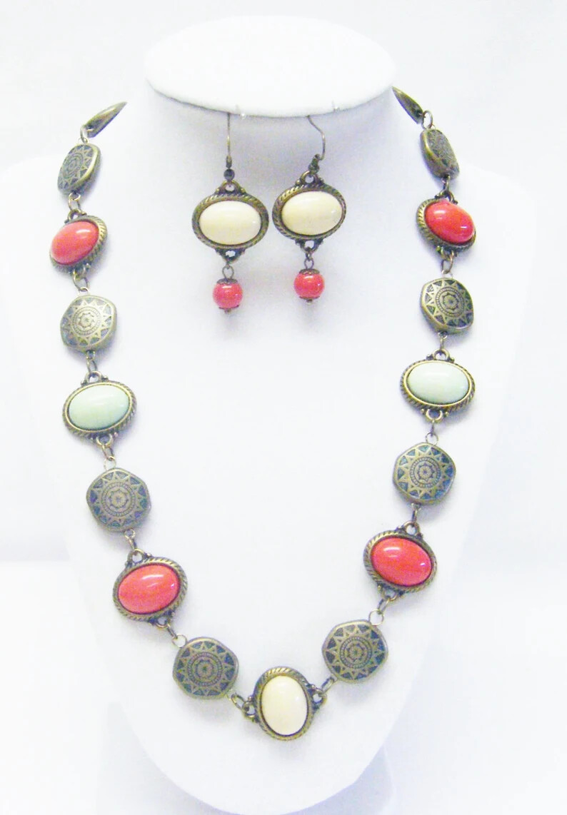 Multicolor Oval Resin Cabochon in Antique Bronze Base Necklace/Earrings Set