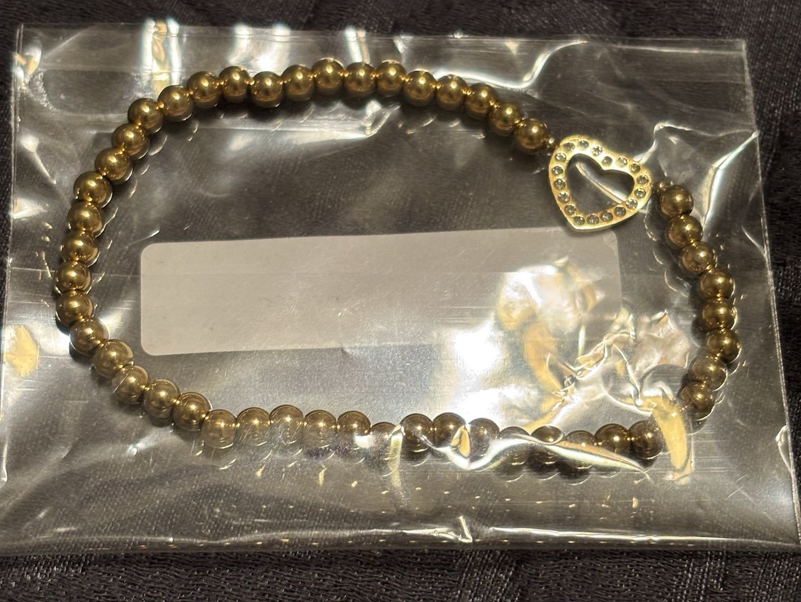 18k PVD Gold Stainless Steel Beaded Bracelet with Open Heart And Clear Stones