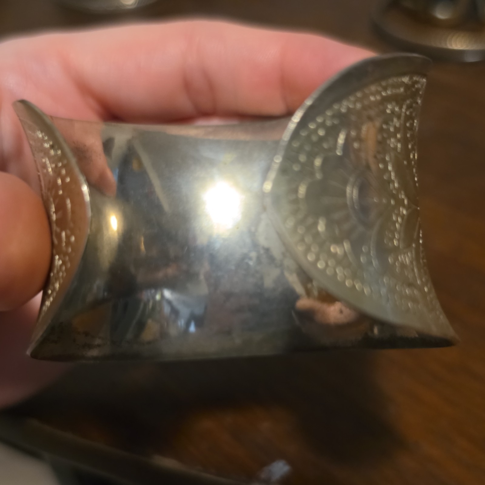 Wide Silver Tone Metal Engraved Floral Cuff Bracelet, No Stone