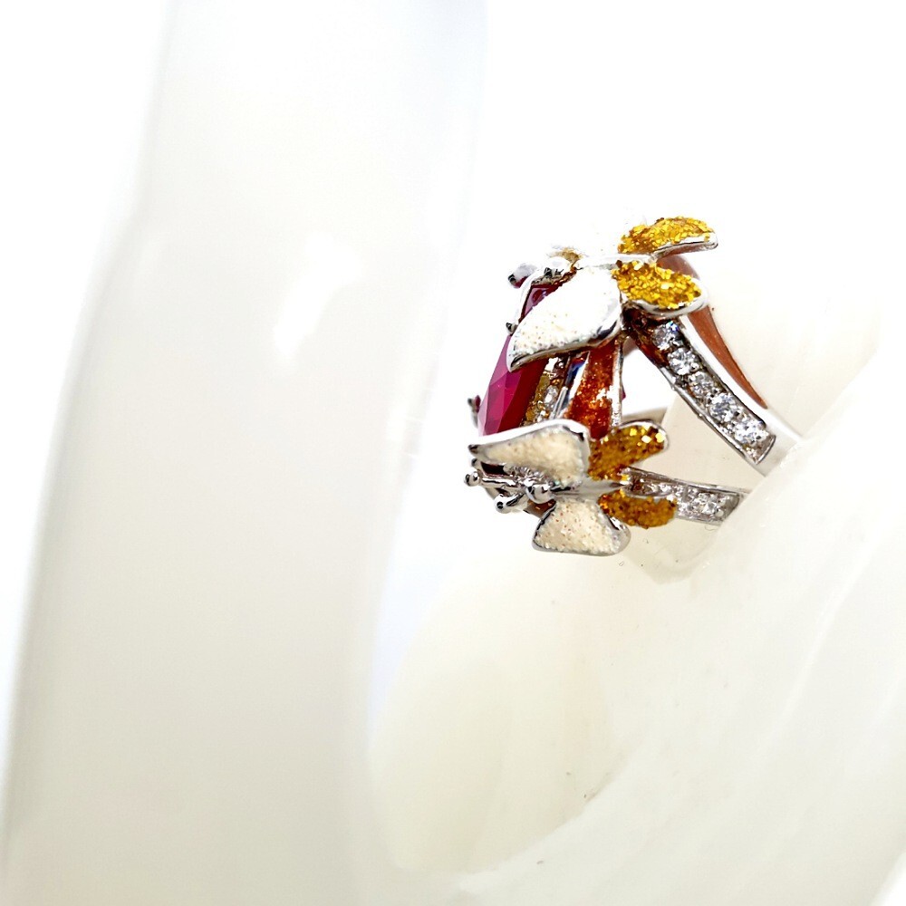 Ring RUBY simulated 925 STERLING SILVER enamel Butterfly women cocktail size 7