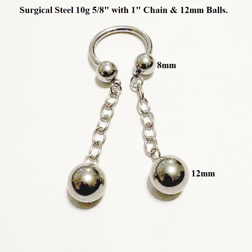 8, 10 & 12mm Balls n Chain PA Horseshoe Surgical Steel 10g 5/8″ Diameter.
