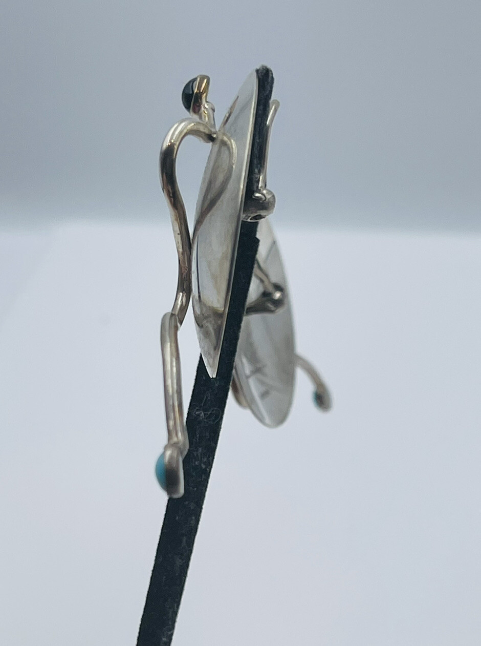 Susan Cummings Vintage Sterling Silver Turquoise & Onyx Modernist Clip Earrings
