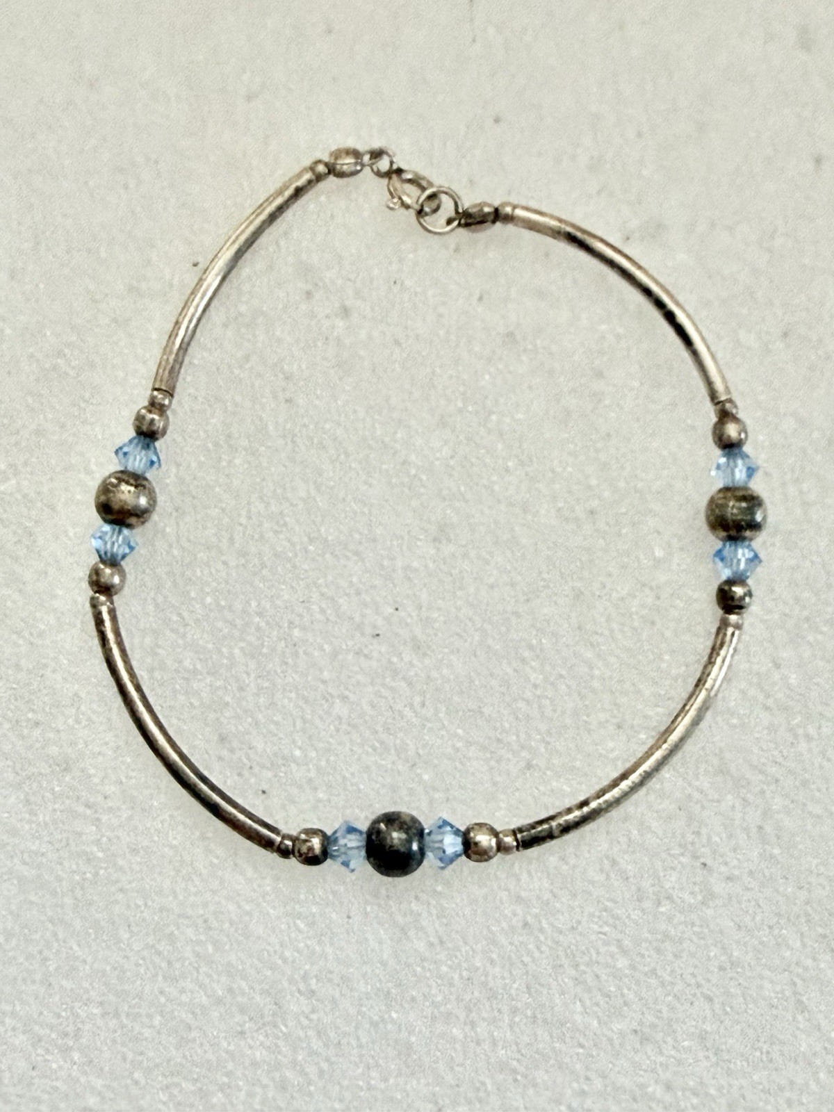 925 Sterling Silver & Blue Crystal Bead Accents 7” Bracelet 3.29