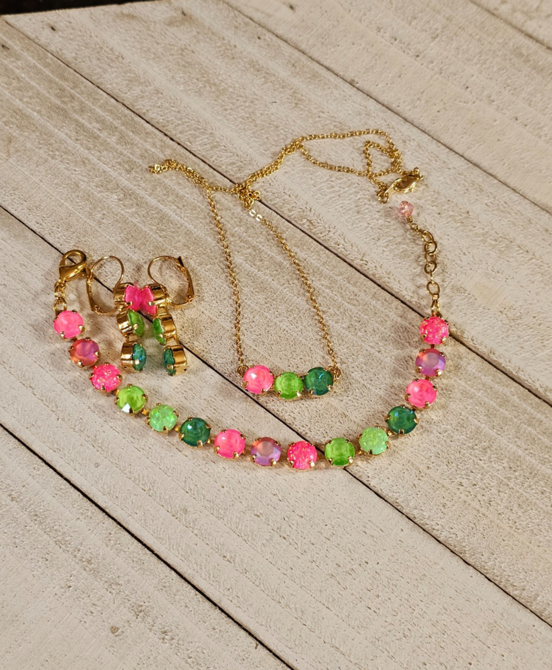 B1-22 Watermelon Mojito Pink Lime Crystal Earrings Cup chain 3pc Jewelry Set