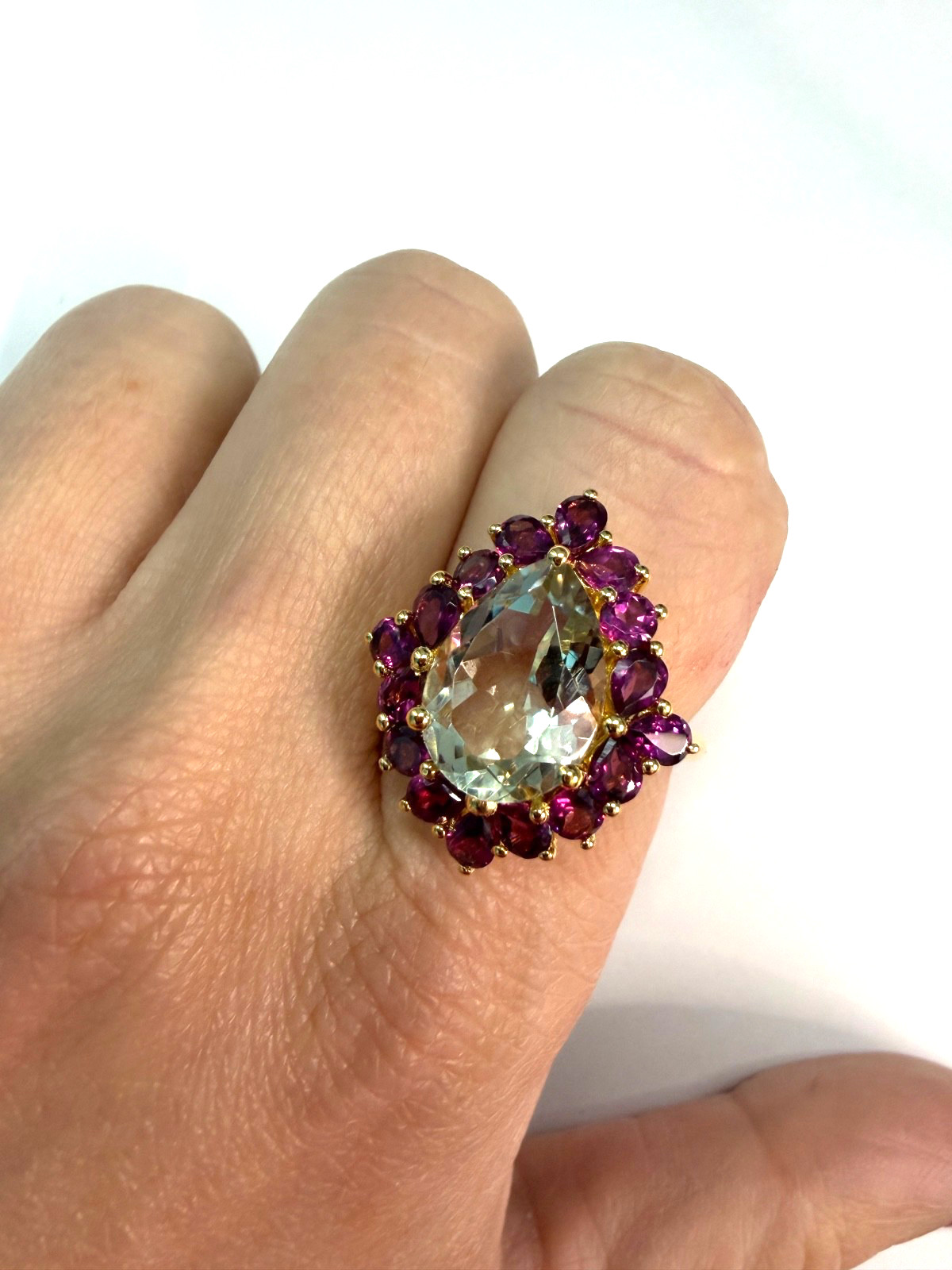 7.21 Ctw Natural Green Amathyst And Rhodolite 925 Sterling Silver Ring Size 8