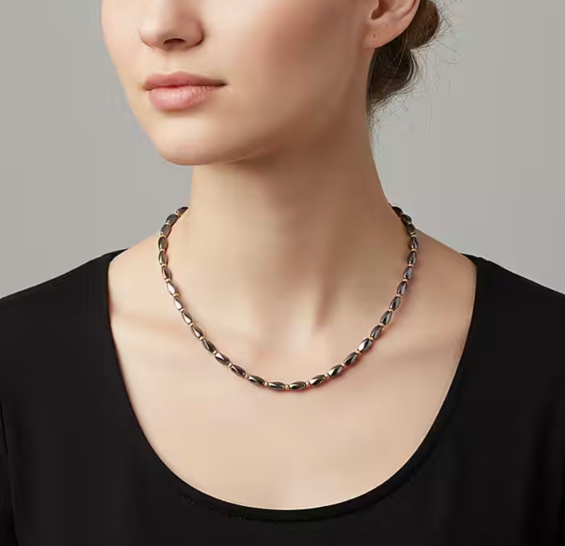 Deep Black Hematite Beaded Bead Necklace (Size – 25) Pure Alloy 200ct + Pouch