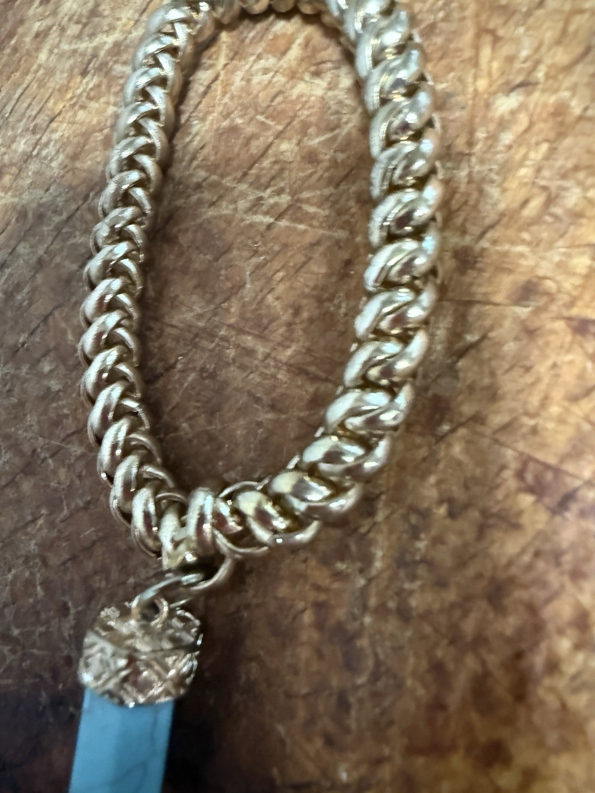 Gold Tone Curb Link Chain Bracelet, Blue Hexagon Stone, Dangle Charm