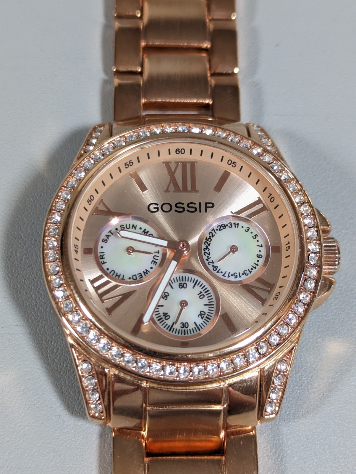 Gossip Day Date Independent Second Hand Crystal Accent Rose Gold Tone Watch