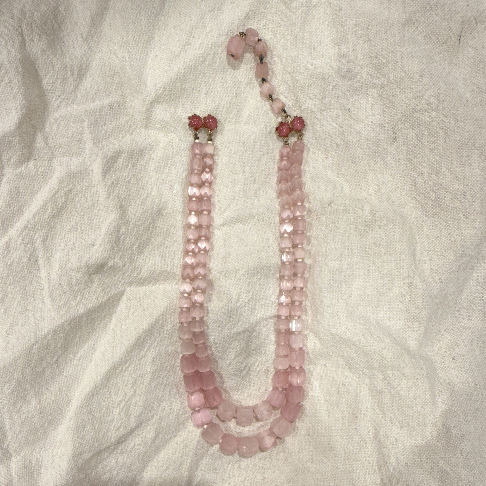 Unique Vintage Pink Glass Beaded Double Strand Necklace