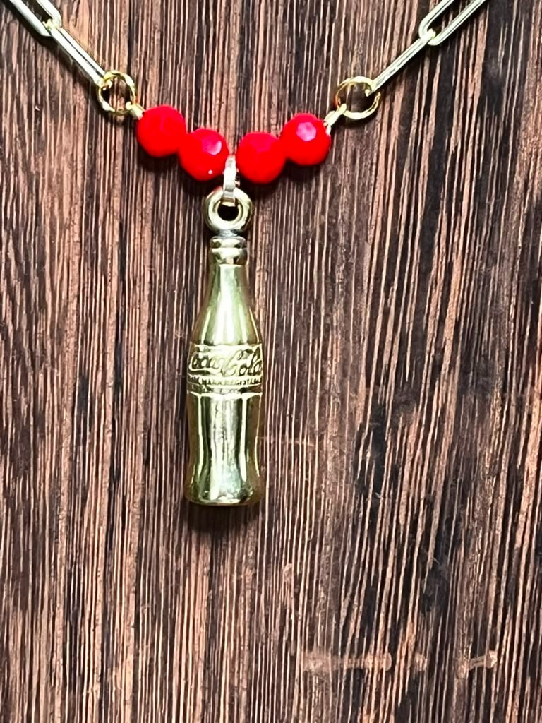 Vintage Coca-Cola Promotional Gold Tone Bottle Charm Necklace, Red Bead Gold Pla