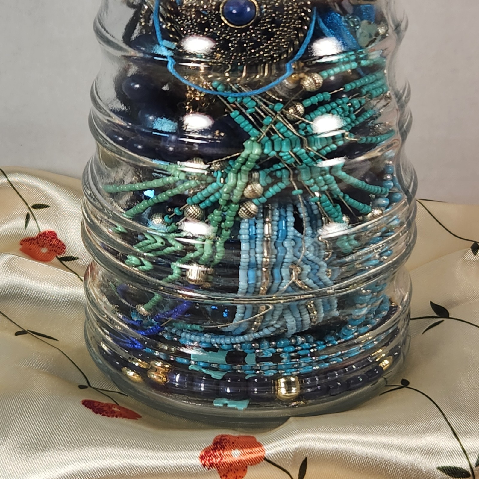 Blue/Green Costume Jewelry Jar, Surprise Jar, Mystery Jar
