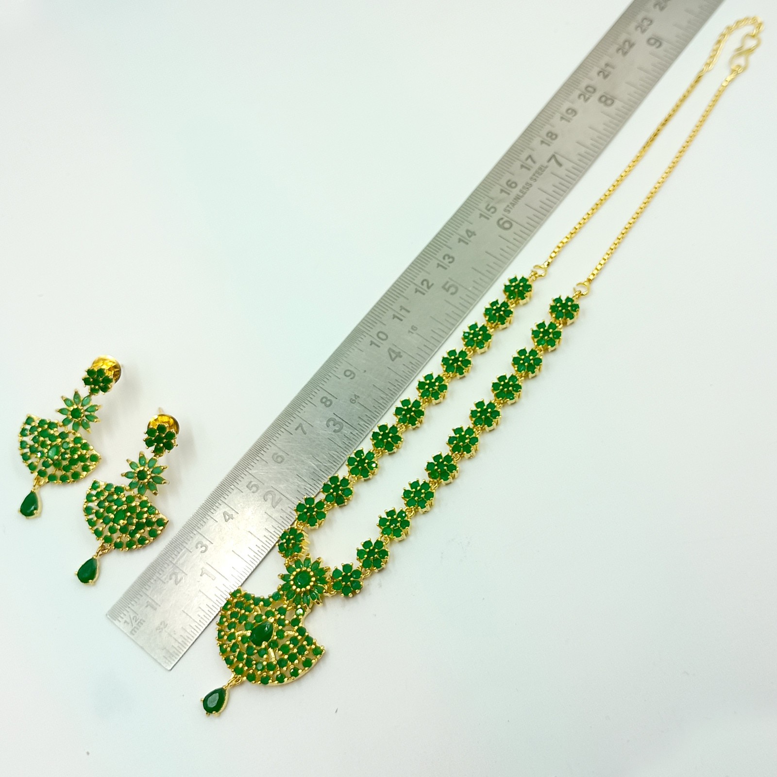 Traditional South Indian 22k Gold Plated Emerald Stone Necklace Set