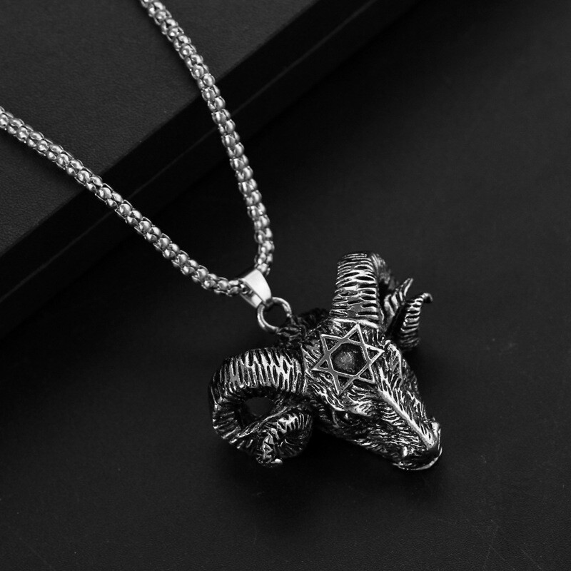Men Satanic Hexagram Goat Pendant Baphomet Necklace Stainless Steel Chain 24″