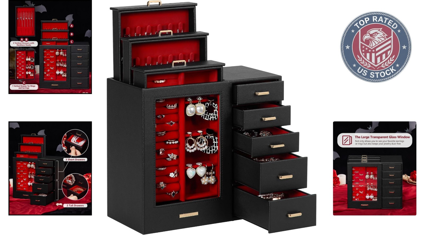 Elegant Large Jewelry Organizer with Glass Window & Velvet Lining – Ideal Gift