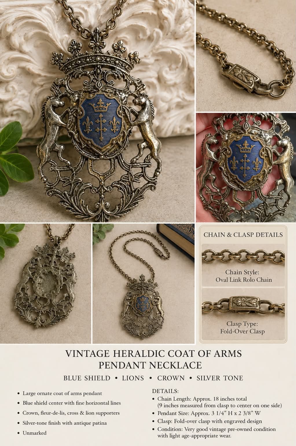 Vintage Heraldic Coat of Arms Pendant Necklace Blue Shield Lions Crown Gothic