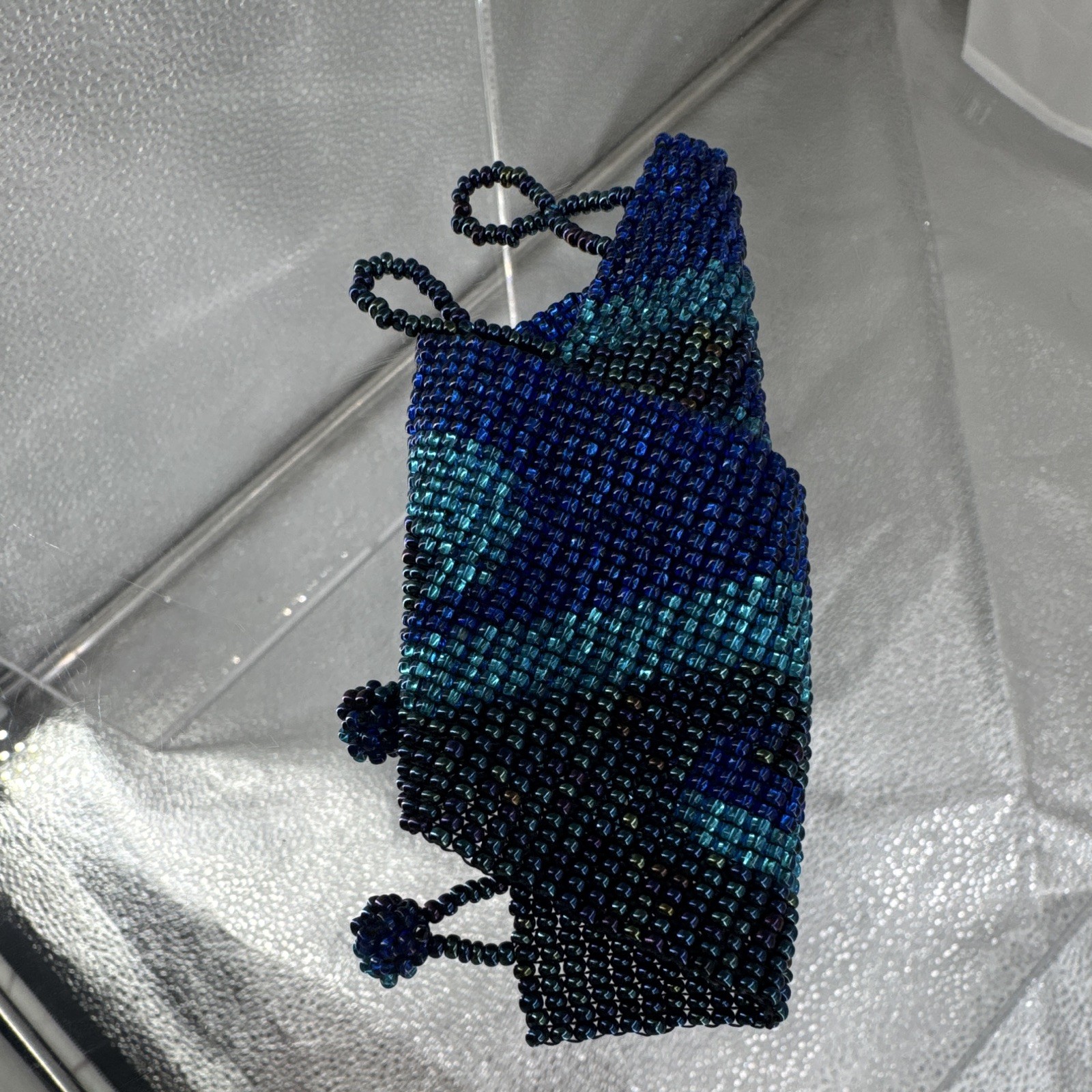 Handmade Beaded Cuff Bracelet Blue Black Teal Wave Design Glass Beads 7 in